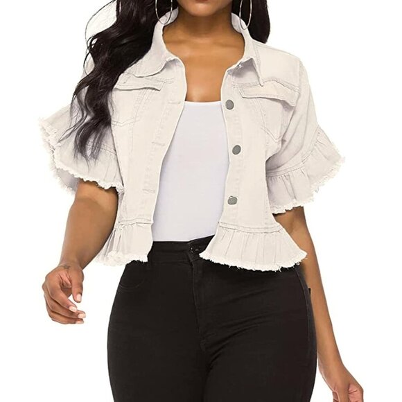🆕Women's White Denim Jacket Button Down Ruffle Sleeve Crop Jean Jackets Coat - Picture 1 of 4